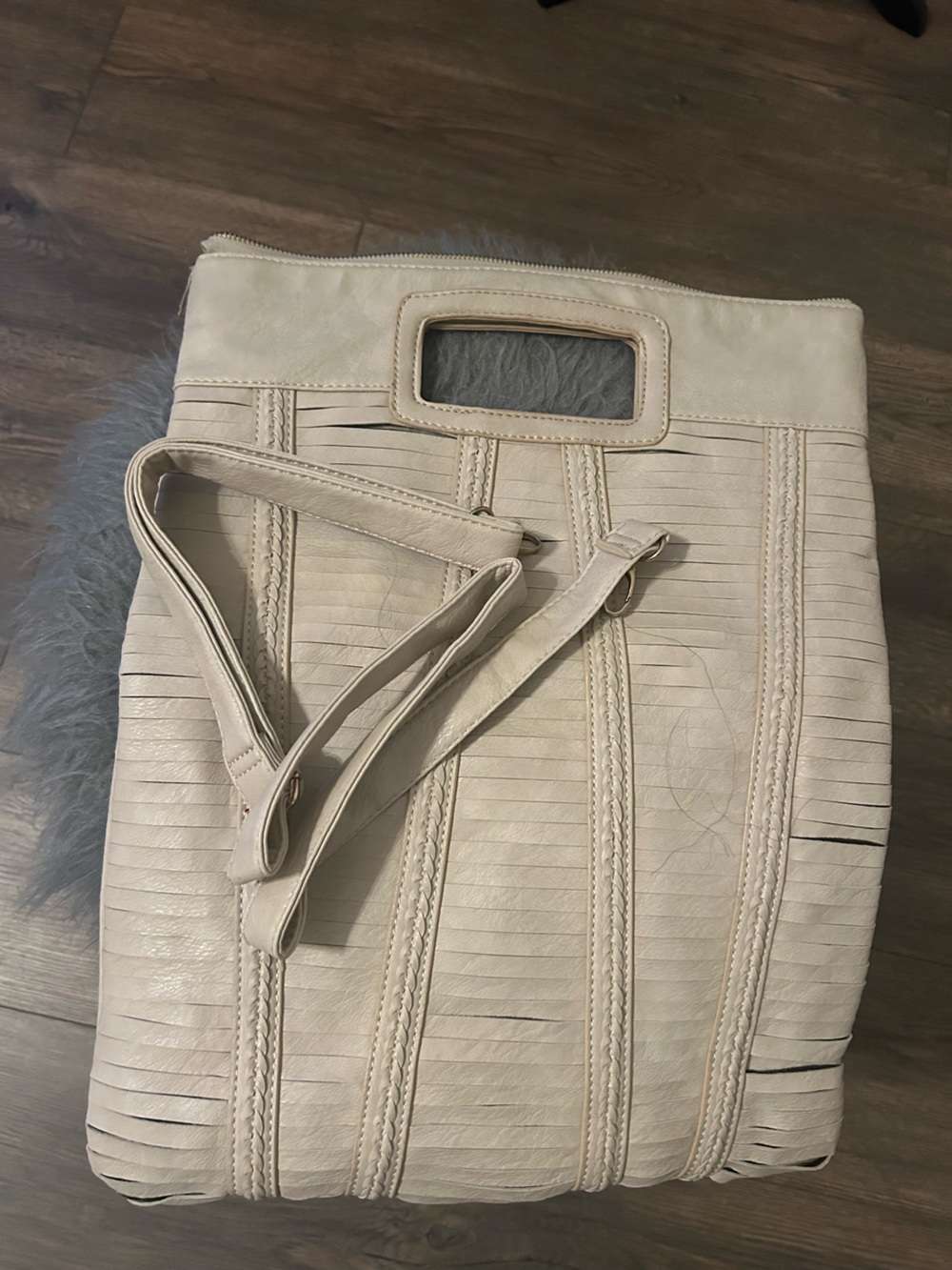 Cream Leather Fringe Panel Clutch Bag - Picture 5 of 7
